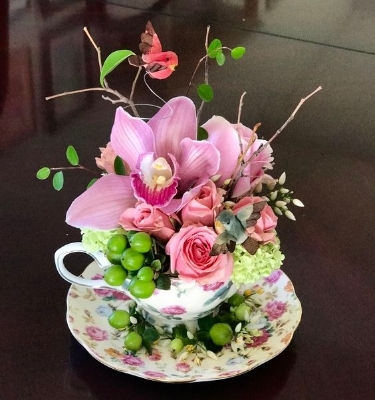 JULY Vintage Tea Cup Floral Arrangement